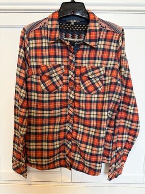 Miss Me Burnt Orange Navy Cream Plaid Button-Down Shirt- M